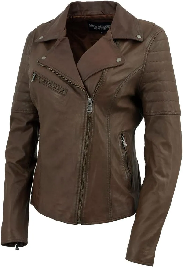 Milwaukee Leather SFL2812 Brown Vintage Motorcycle Inspired Leather Jacket for Women - Veg-Tan Fashion Jacket