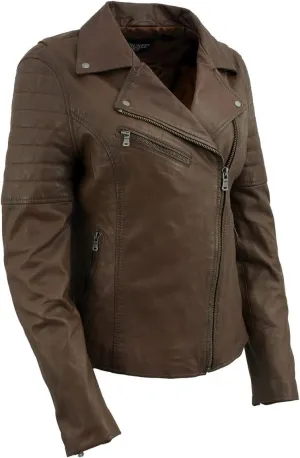 Milwaukee Leather SFL2812 Brown Vintage Motorcycle Inspired Leather Jacket for Women - Veg-Tan Fashion Jacket
