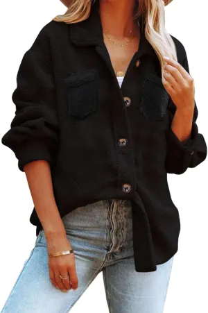 MISSKY Fleece Jacket Long Sleeve Button Casual Sherpa Jacket Coat Fall Teddy Bear Outwear with Pockets