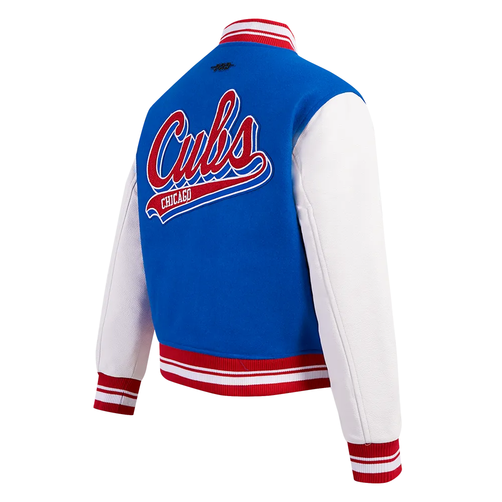 MLB CHICAGO CUBS SCRIPT TAIL WOMEN'S WOOL VARSITY JACKET (ROYAL BLUE/RED)