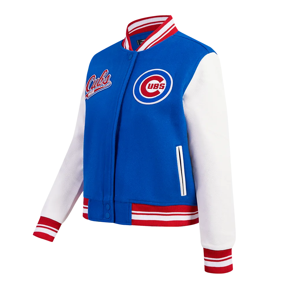 MLB CHICAGO CUBS SCRIPT TAIL WOMEN'S WOOL VARSITY JACKET (ROYAL BLUE/RED)