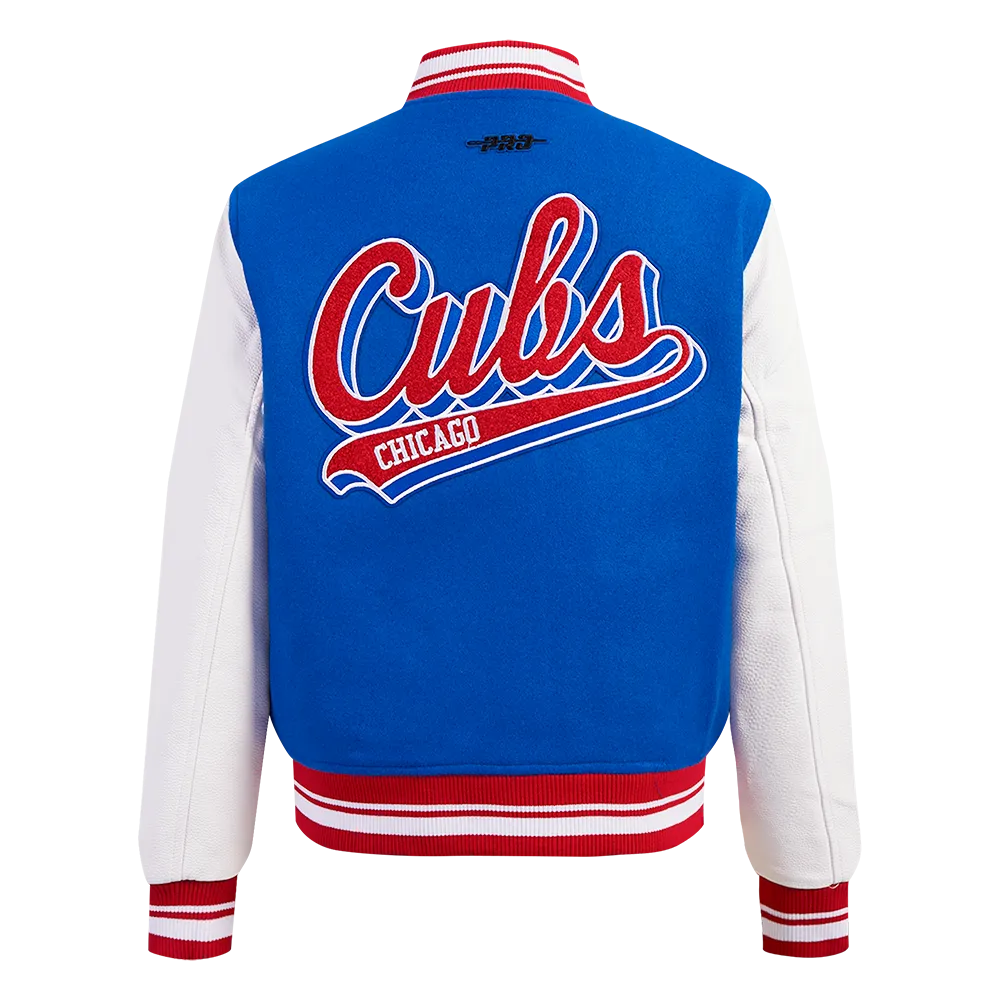 MLB CHICAGO CUBS SCRIPT TAIL WOMEN'S WOOL VARSITY JACKET (ROYAL BLUE/RED)