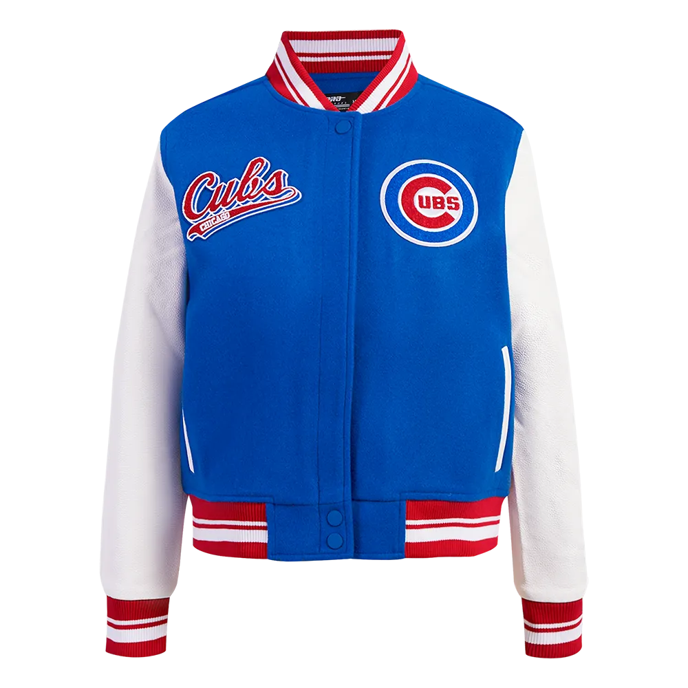 MLB CHICAGO CUBS SCRIPT TAIL WOMEN'S WOOL VARSITY JACKET (ROYAL BLUE/RED)