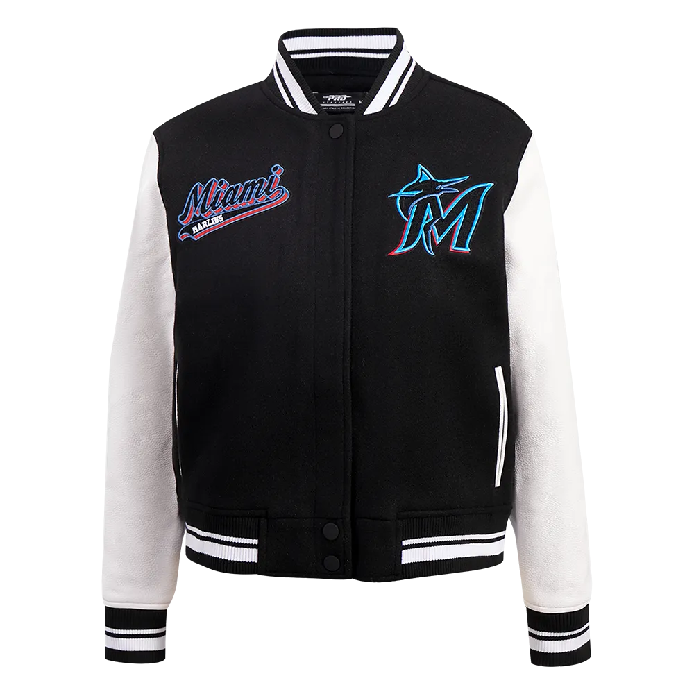 MLB MIAMI MARLINS SCRIPT TAIL WOMEN'S WOOL VARSITY JACKET (BLACK/WHITE)