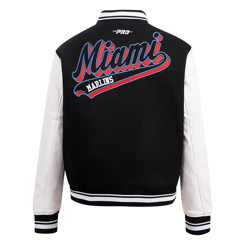 MLB MIAMI MARLINS SCRIPT TAIL WOMEN'S WOOL VARSITY JACKET (BLACK/WHITE)