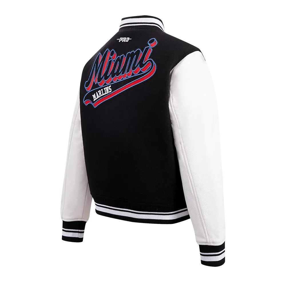 MLB MIAMI MARLINS SCRIPT TAIL WOMEN'S WOOL VARSITY JACKET (BLACK/WHITE)