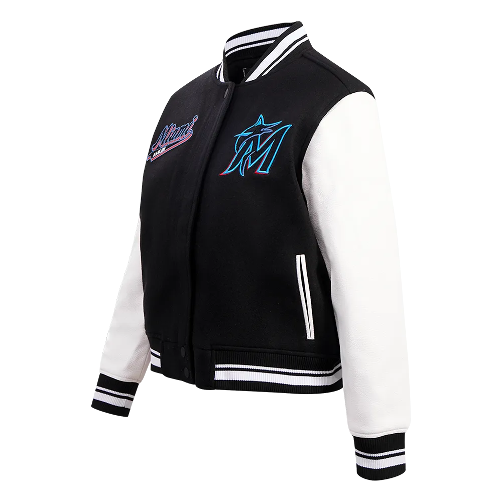MLB MIAMI MARLINS SCRIPT TAIL WOMEN'S WOOL VARSITY JACKET (BLACK/WHITE)