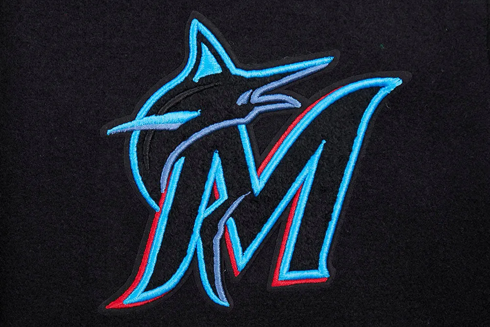 MLB MIAMI MARLINS SCRIPT TAIL WOMEN'S WOOL VARSITY JACKET (BLACK/WHITE)