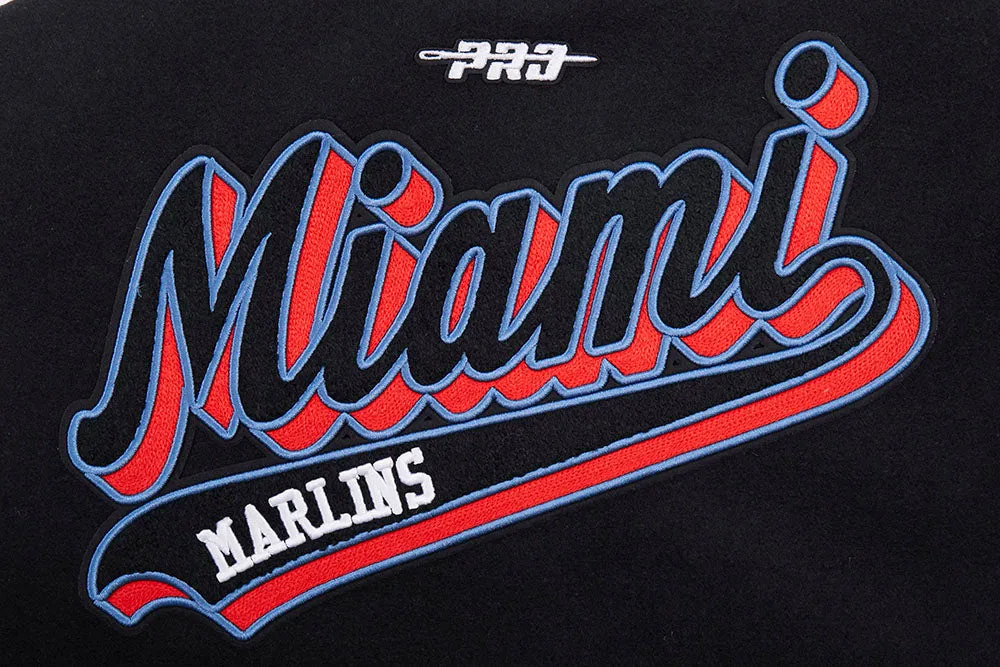 MLB MIAMI MARLINS SCRIPT TAIL WOMEN'S WOOL VARSITY JACKET (BLACK/WHITE)