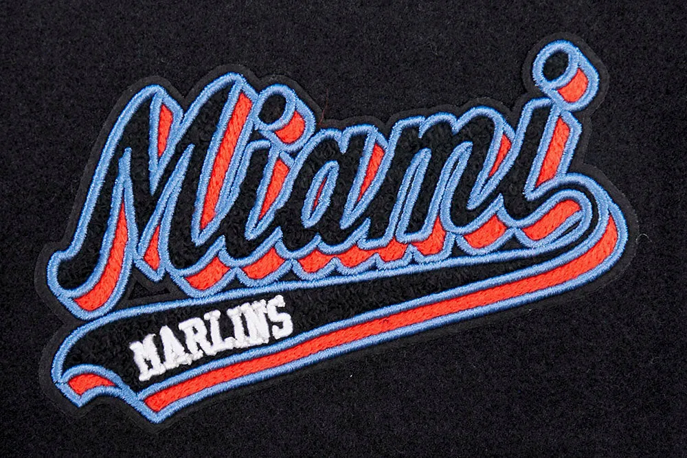 MLB MIAMI MARLINS SCRIPT TAIL WOMEN'S WOOL VARSITY JACKET (BLACK/WHITE)