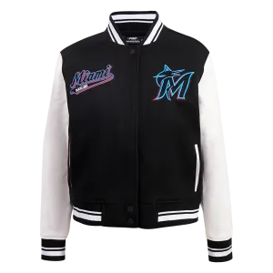 MLB MIAMI MARLINS SCRIPT TAIL WOMEN'S WOOL VARSITY JACKET (BLACK/WHITE)
