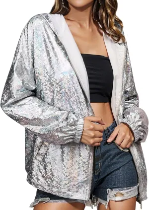 MYMORE Women's Sparkly Silver Hooded Jacket Glitter Metallic Top Zipper Hoodie Shirt Disco Rave Concert Outfit with Pockets