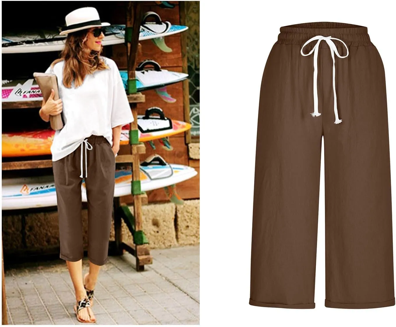 Mzkdieey Cotton Linen Capris Pants for Women Summer Casual Straight Wide Leg Drawstring Elastic Waist Cropped Beach Trousers