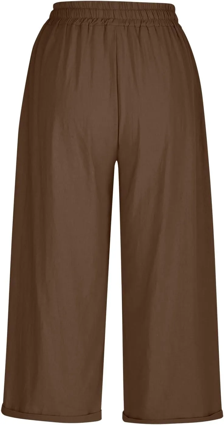 Mzkdieey Cotton Linen Capris Pants for Women Summer Casual Straight Wide Leg Drawstring Elastic Waist Cropped Beach Trousers