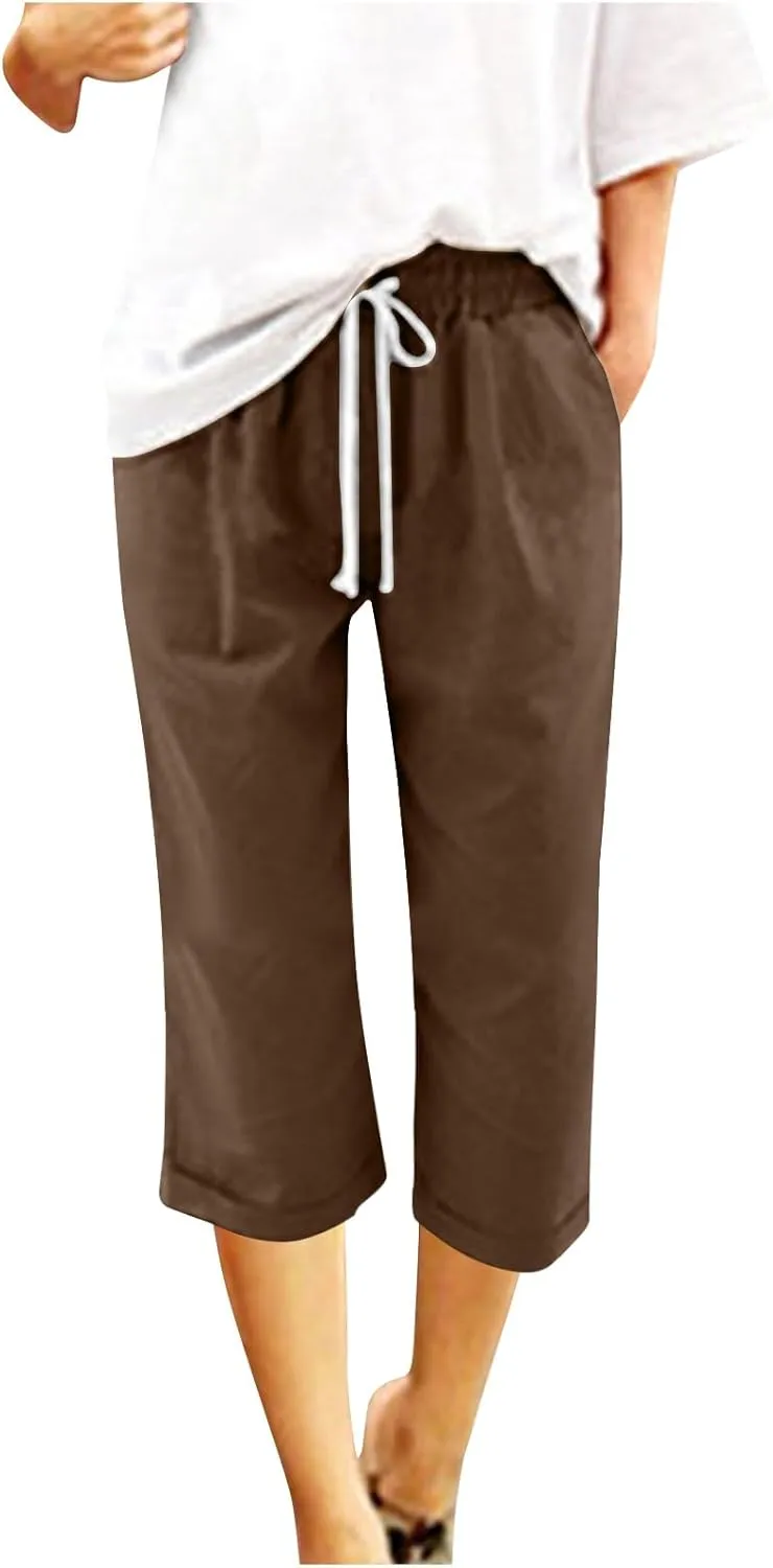 Mzkdieey Cotton Linen Capris Pants for Women Summer Casual Straight Wide Leg Drawstring Elastic Waist Cropped Beach Trousers