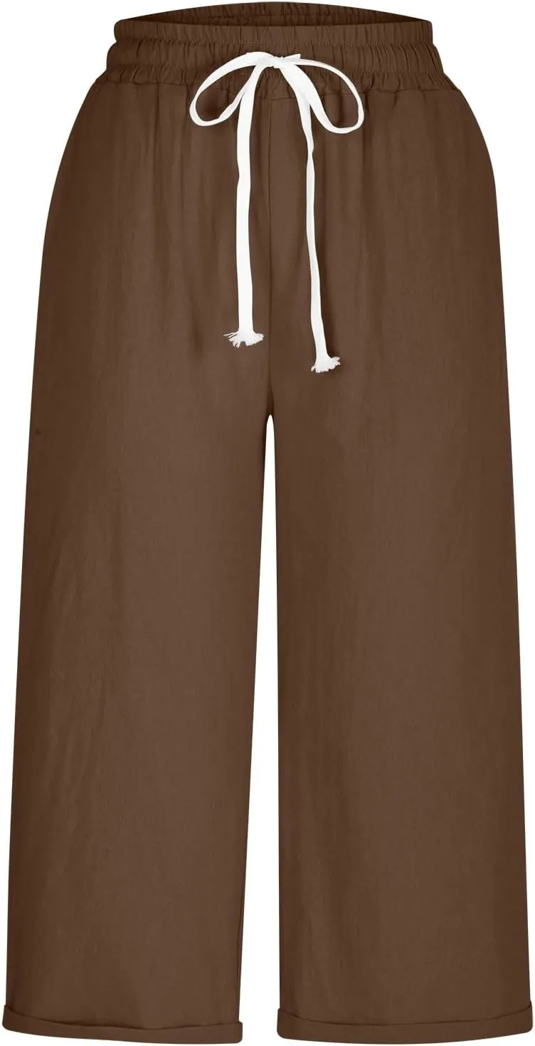 Mzkdieey Cotton Linen Capris Pants for Women Summer Casual Straight Wide Leg Drawstring Elastic Waist Cropped Beach Trousers