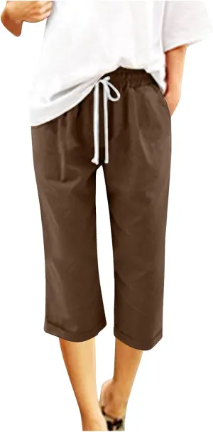 Mzkdieey Cotton Linen Capris Pants for Women Summer Casual Straight Wide Leg Drawstring Elastic Waist Cropped Beach Trousers