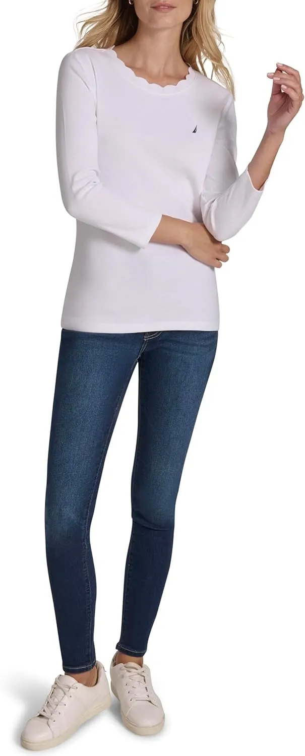 Nautica Women's 3/4 Sleeve Length Cotton Solid Scalloped Knit Top