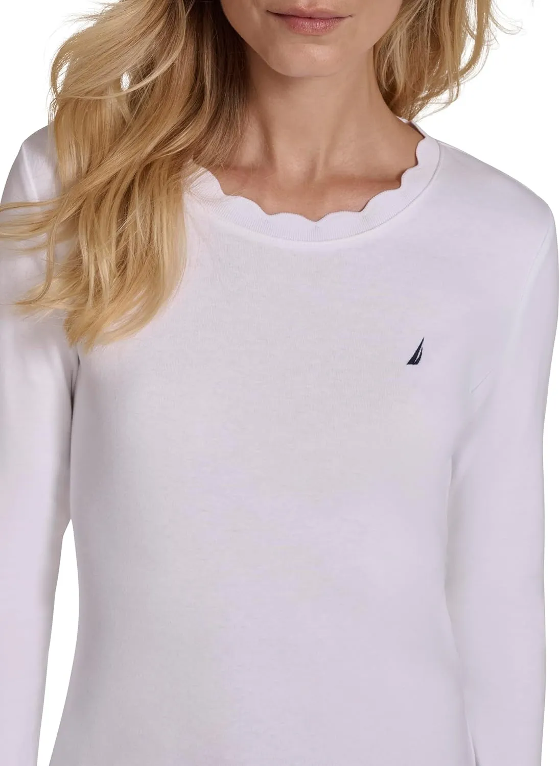 Nautica Women's 3/4 Sleeve Length Cotton Solid Scalloped Knit Top