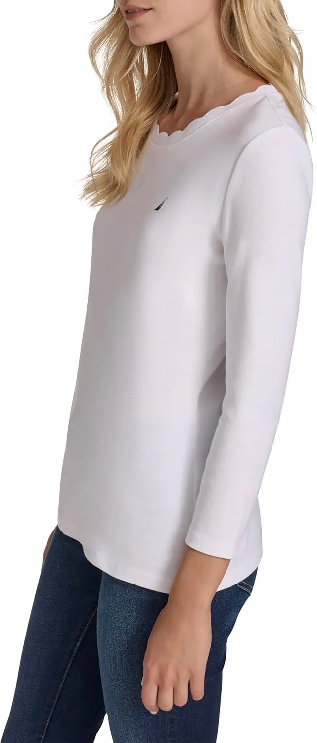 Nautica Women's 3/4 Sleeve Length Cotton Solid Scalloped Knit Top