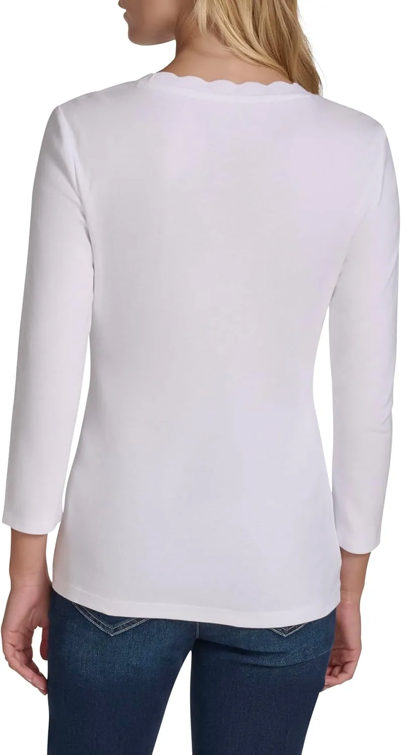 Nautica Women's 3/4 Sleeve Length Cotton Solid Scalloped Knit Top