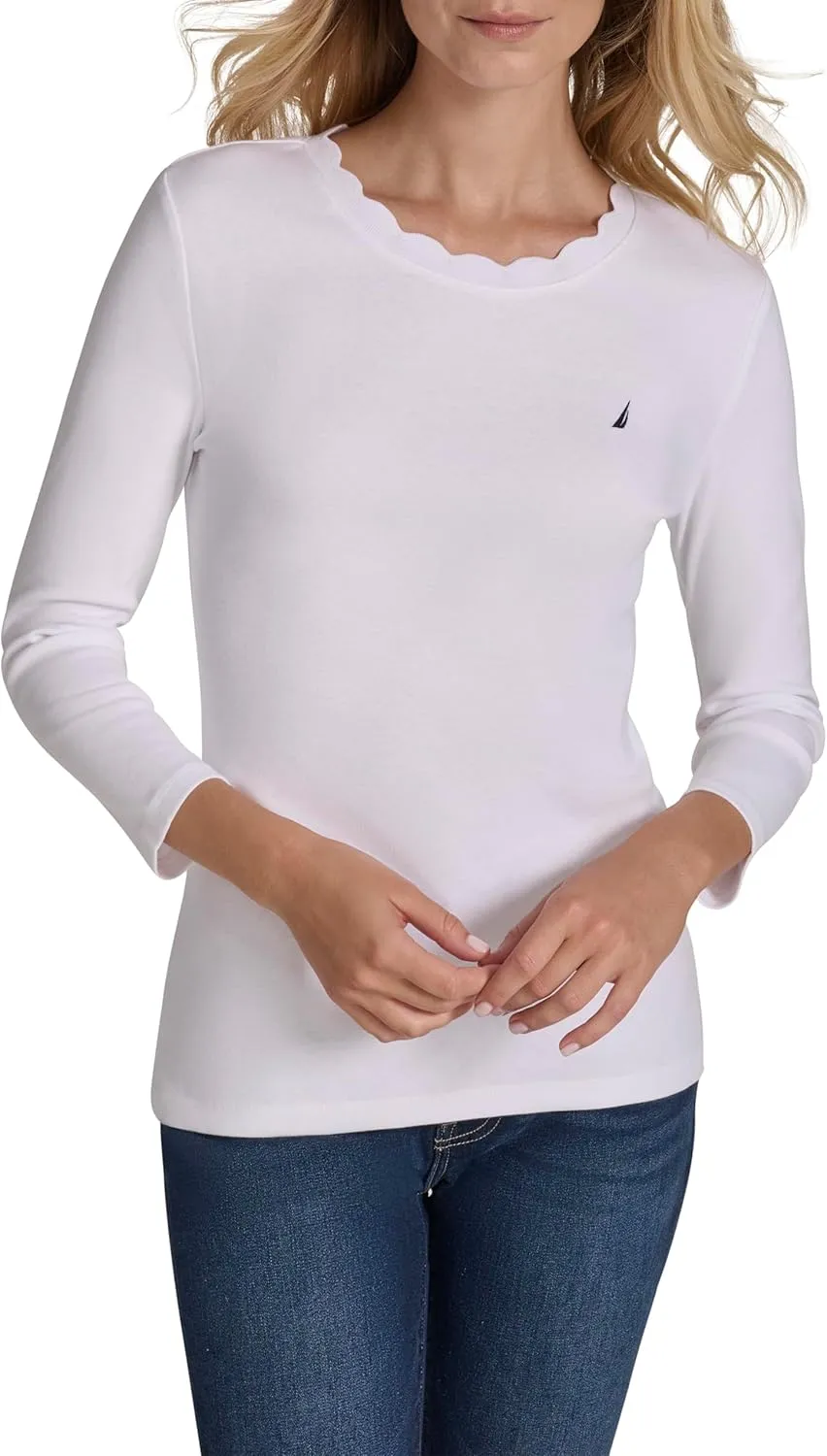 Nautica Women's 3/4 Sleeve Length Cotton Solid Scalloped Knit Top