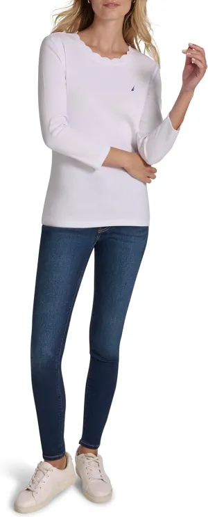 Nautica Women's 3/4 Sleeve Length Cotton Solid Scalloped Knit Top