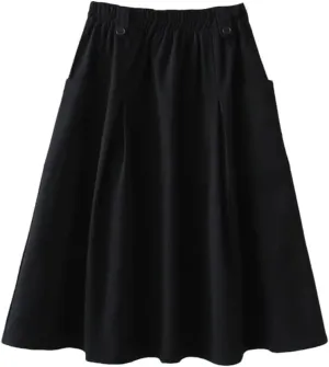 Niiyyjj Korean Summer Midi Skirt Women Cotton Pocket A-Line Casual Solid Elastic Waist Pleated Skirt