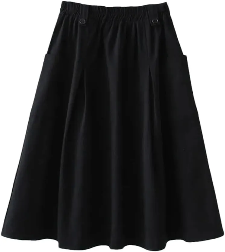 Niiyyjj Korean Summer Midi Skirt Women Cotton Pocket A-Line Casual Solid Elastic Waist Pleated Skirt