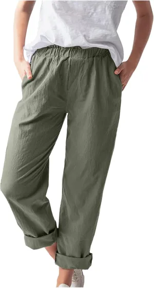 niuwa Cotton Linen Trousers for Women Solid Color Elastic Waist Casual Pants with Pockets Summer Casual Pants (Green, XL)