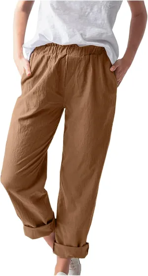 niuwa Cotton Linen Trousers for Women Solid Color Elastic Waist Casual Pants with Pockets Summer Casual Pants (Orange, L)