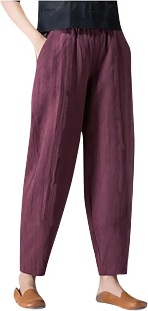 niuwa Lady Womens Cotton and Linen Harem Pants Casual Loose Trousers with Pockets Summer Elastic Waist Boho Pants Wine