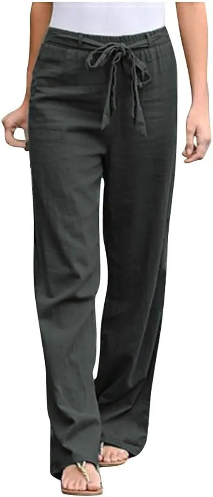 niuwa Women Cotton Linen Trousers Summer Solid Color Wide Leg Pants Elastic Waist Loose Lounge Pants Sweatpants (Gray, L)