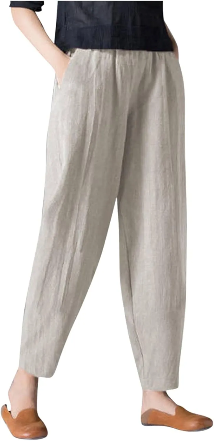 niuwa Womens Cotton and Linen Harem Pants Casual Loose Trousers with Pockets Summer Elastic Waist Boho Pants (Beige, XXXL)