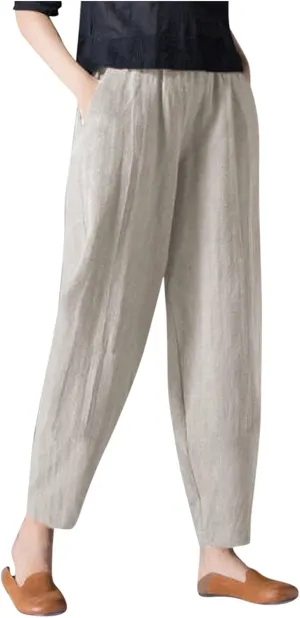 niuwa Womens Cotton and Linen Harem Pants Casual Loose Trousers with Pockets Summer Elastic Waist Boho Pants (Beige, XXXL)