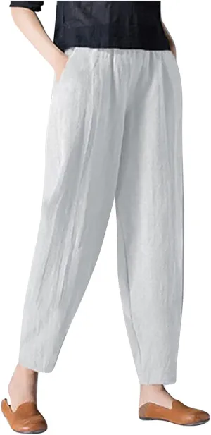 niuwa Womens Cotton and Linen Harem Pants Casual Loose Trousers with Pockets Summer Elastic Waist Boho Pants (White, M)