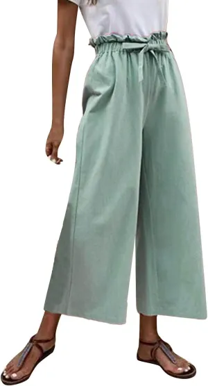 niuwa Womens Summer Cotton Linen Casual Long Pant High Waist Loose Fit Casual Trousers Comfy Pants (Mint Green, XXXL)
