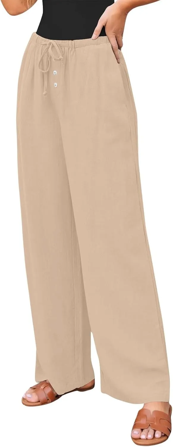 Palazzo Pants for Women Dressy Linen High Waisted Summer Loose Pants Drawstring Button Down Pocket Solid Baggy Trouser