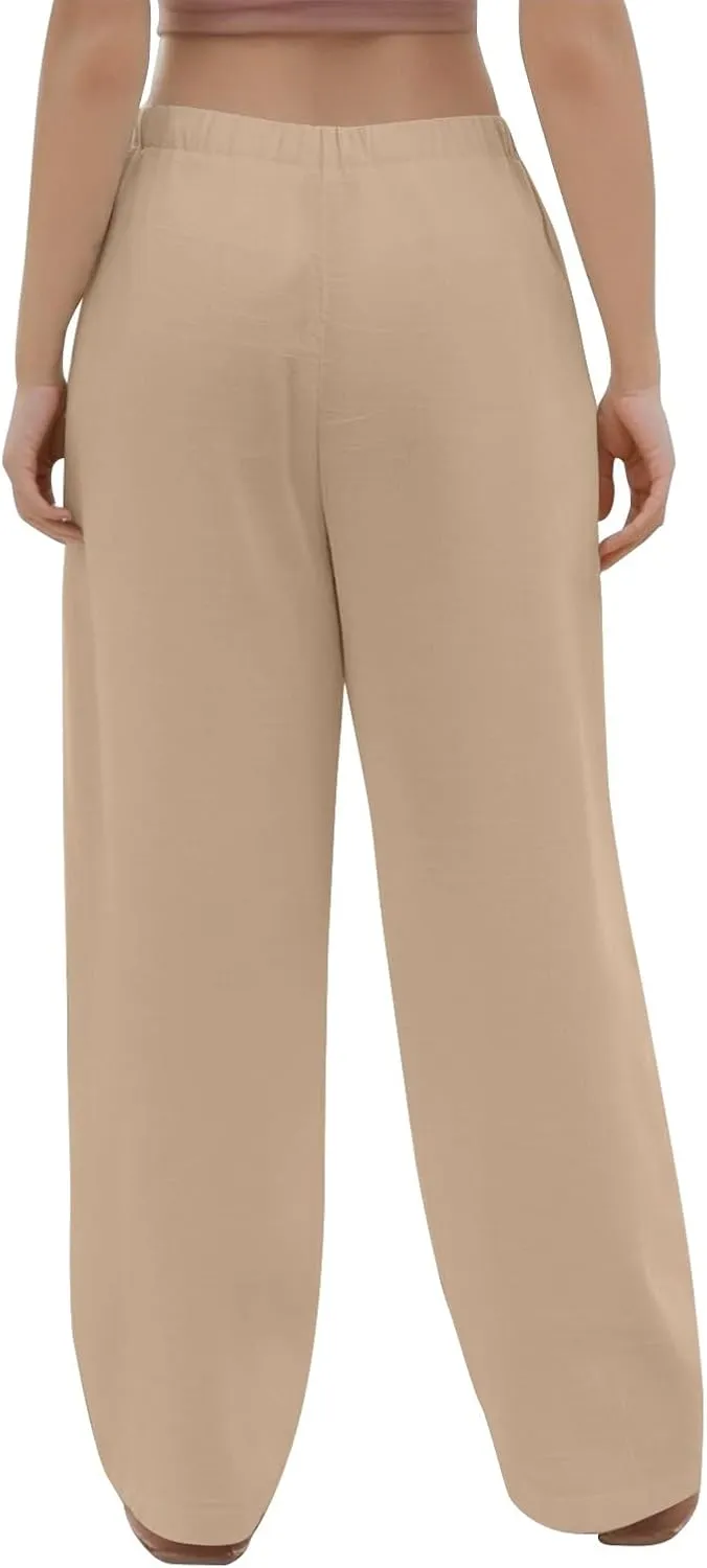 Palazzo Pants for Women Dressy Linen High Waisted Summer Loose Pants Drawstring Button Down Pocket Solid Baggy Trouser
