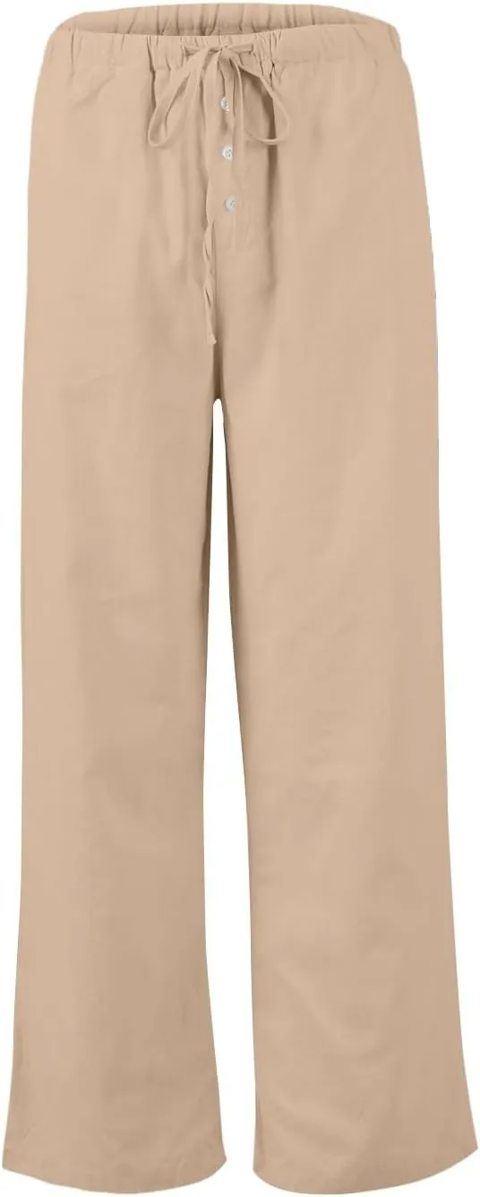 Palazzo Pants for Women Dressy Linen High Waisted Summer Loose Pants Drawstring Button Down Pocket Solid Baggy Trouser