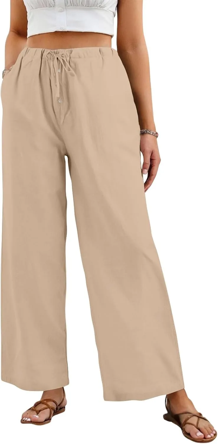 Palazzo Pants for Women Dressy Linen High Waisted Summer Loose Pants Drawstring Button Down Pocket Solid Baggy Trouser