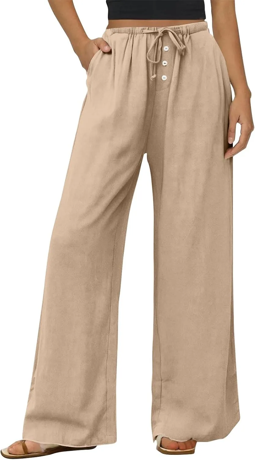 Palazzo Pants for Women Dressy Linen High Waisted Summer Loose Pants Drawstring Button Down Pocket Solid Baggy Trouser