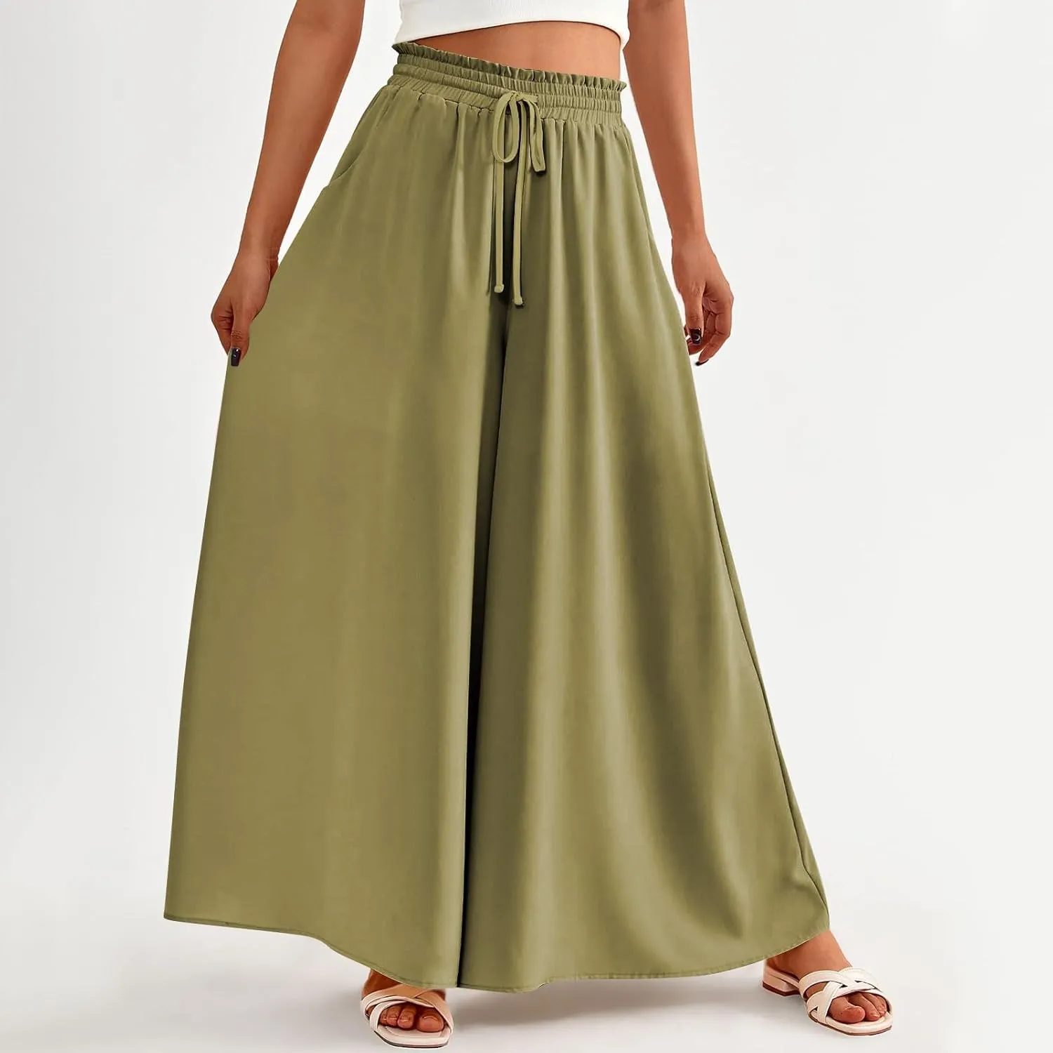 Palazzo Pants for Women High Waisted Flowy Wide Leg Pants Summer Trendy Casual Loose Boho Beach Trousers with Pockets