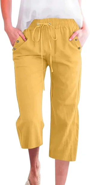 Pants for Women Summer 2025 Casual Lounge Pants Cropped Cotton Linen Comfy Drawstring Baggy Trousers with Pockets