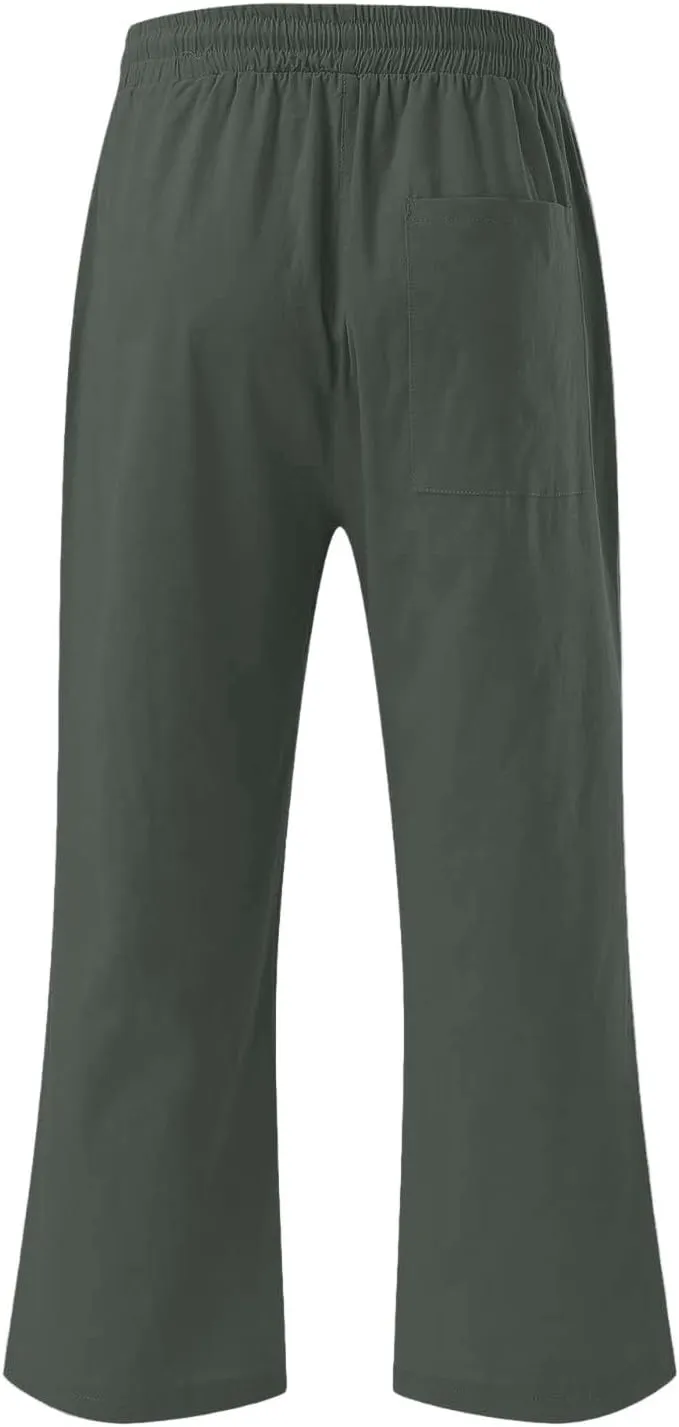 Pants for Women Summer 2025 Casual Lounge Pants Cropped Cotton Linen Comfy Drawstring Baggy Trousers with Pockets