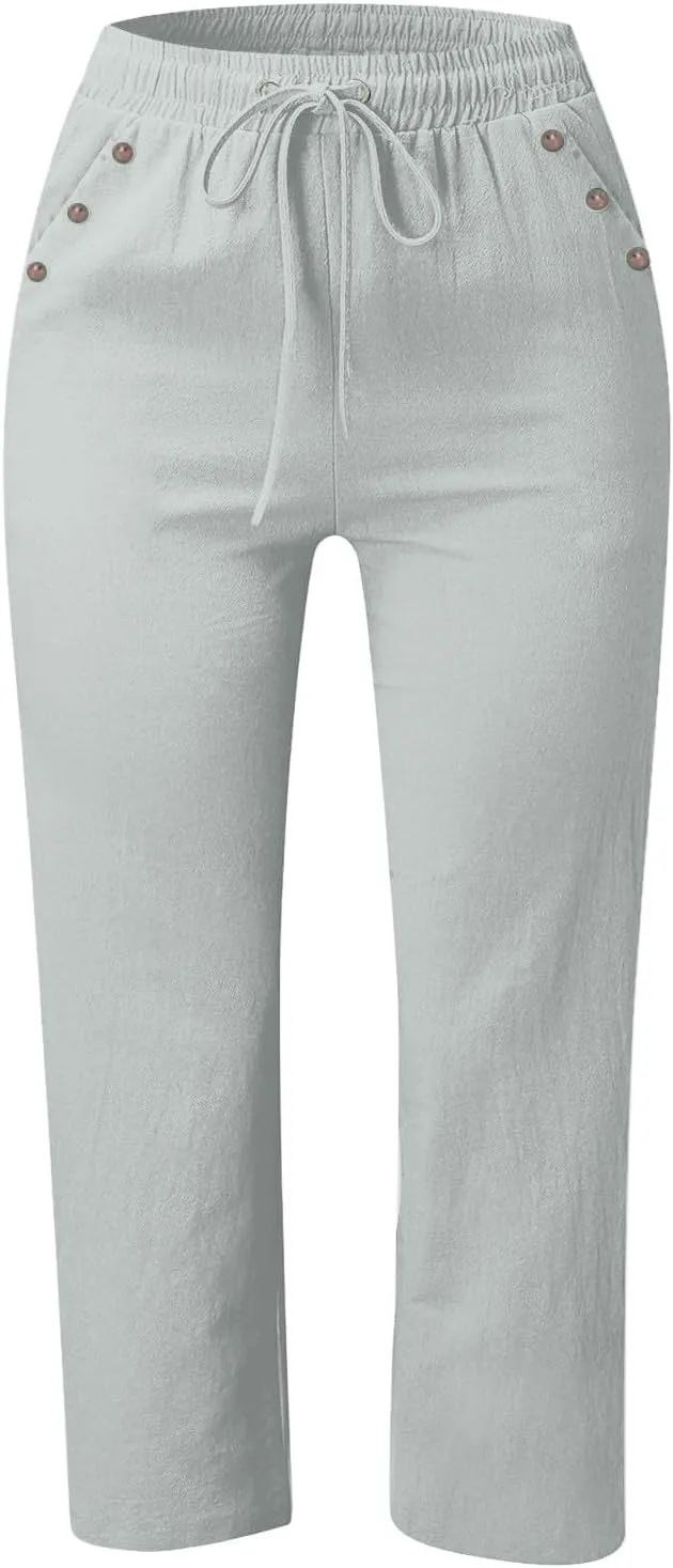 Pants for Women Summer 2025 Casual Lounge Pants Cropped Cotton Linen Comfy Drawstring Baggy Trousers with Pockets