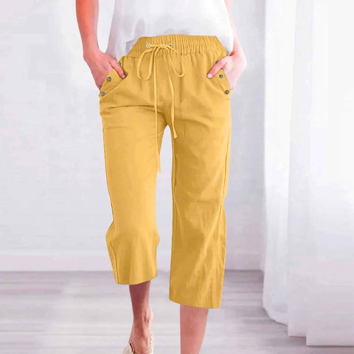 Pants for Women Summer 2025 Casual Lounge Pants Cropped Cotton Linen Comfy Drawstring Baggy Trousers with Pockets