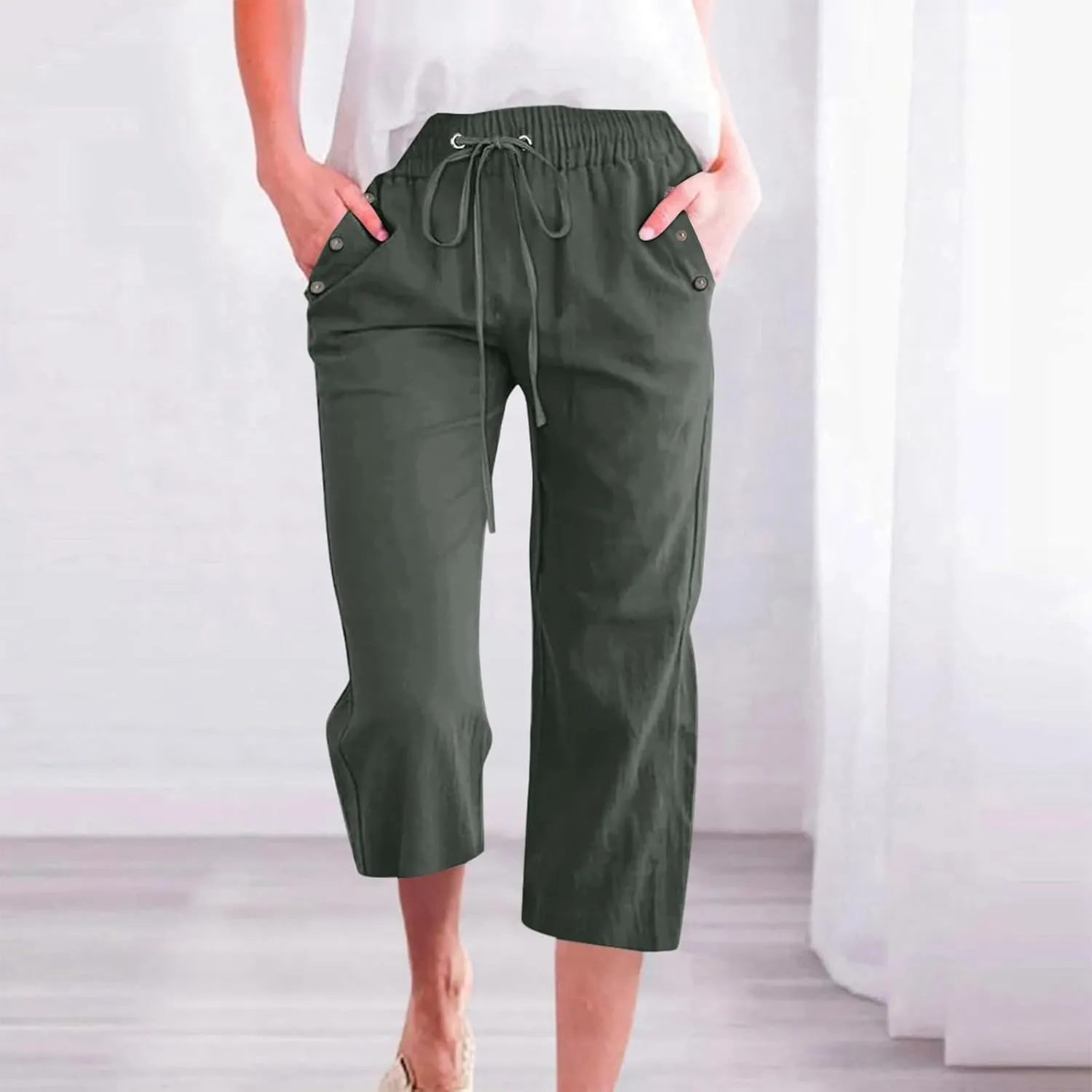 Pants for Women Summer 2025 Casual Lounge Pants Cropped Cotton Linen Comfy Drawstring Baggy Trousers with Pockets