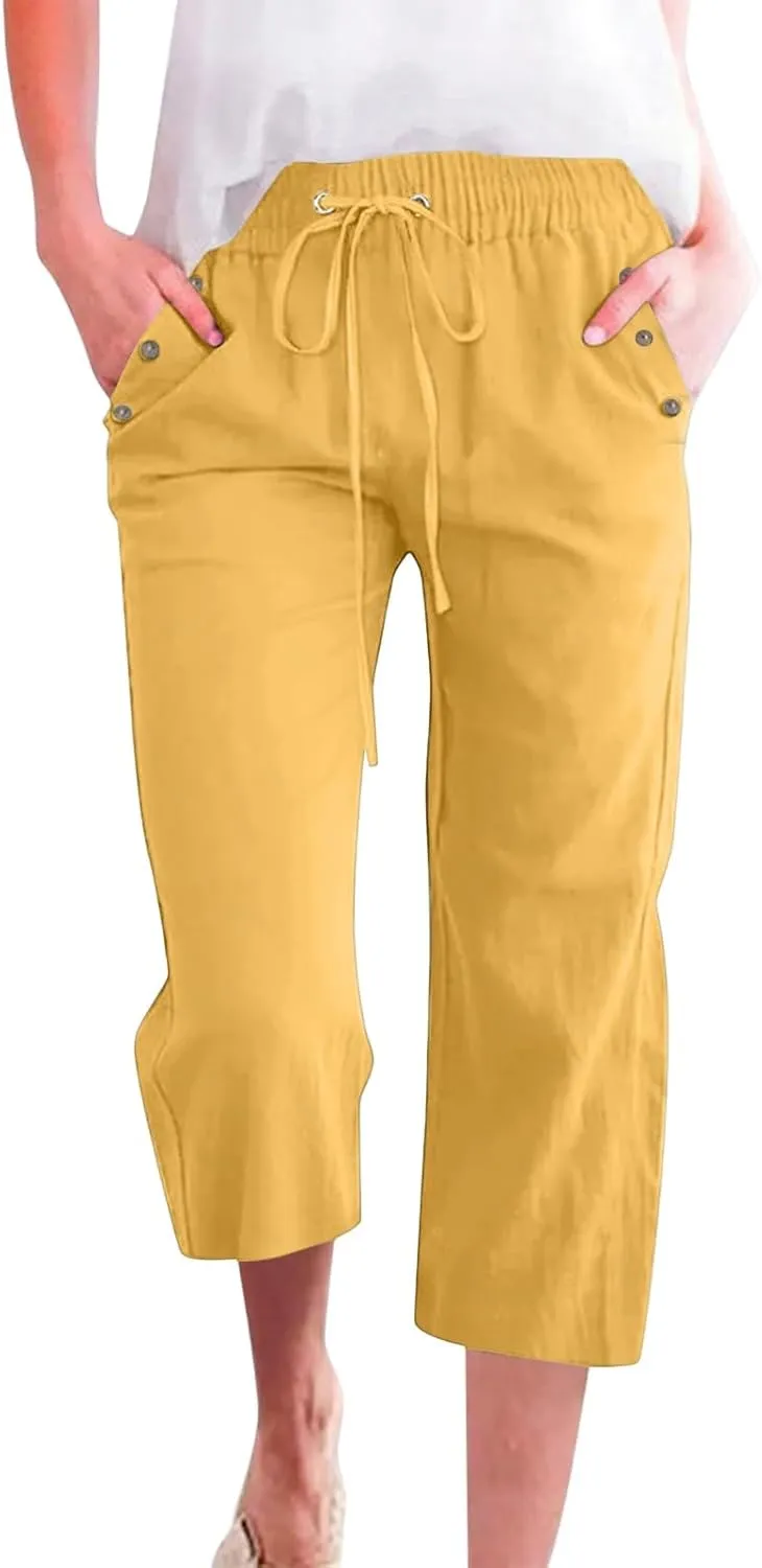 Pants for Women Summer 2025 Casual Lounge Pants Cropped Cotton Linen Comfy Drawstring Baggy Trousers with Pockets