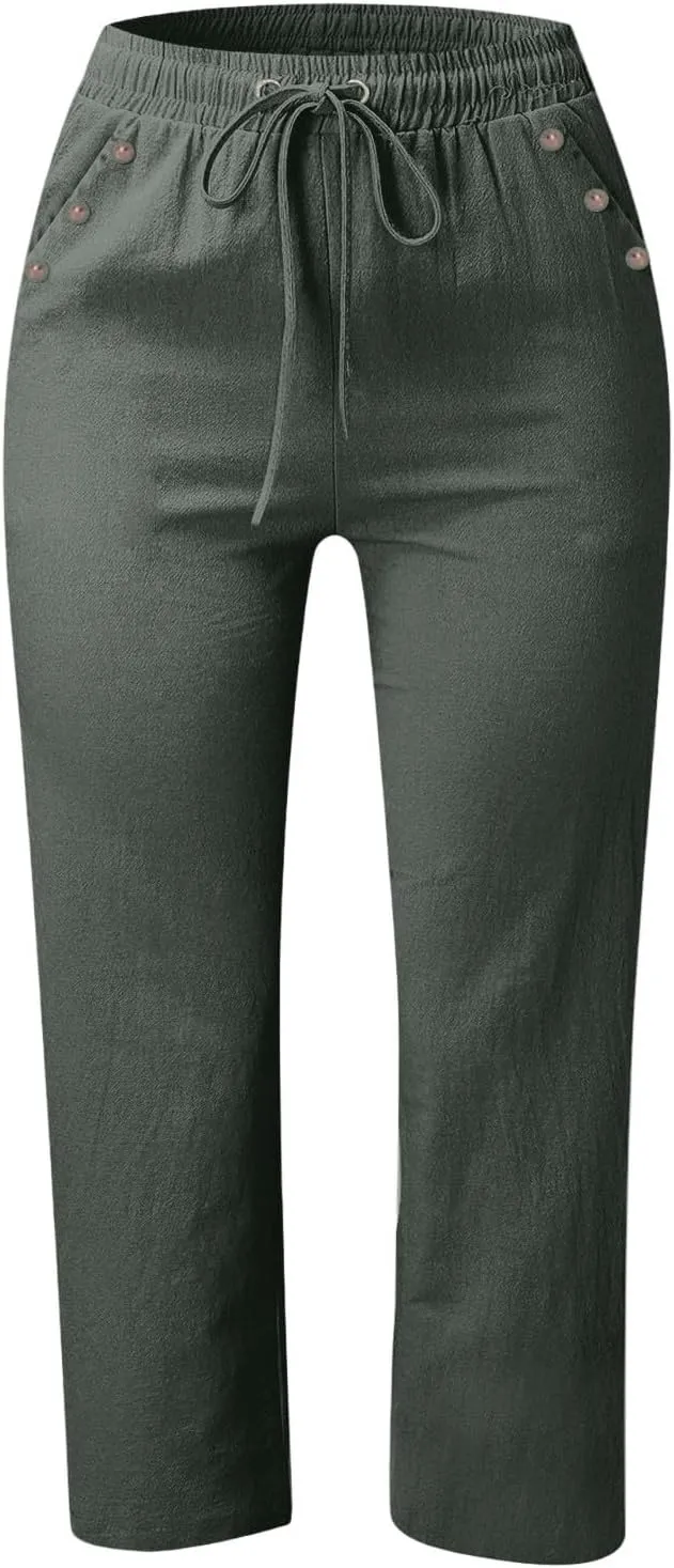 Pants for Women Summer 2025 Casual Lounge Pants Cropped Cotton Linen Comfy Drawstring Baggy Trousers with Pockets
